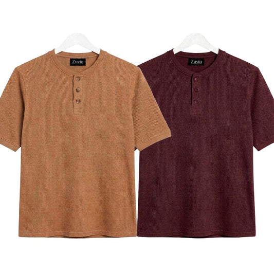 Pack of 2 Waffle Henley ( Camel & Maroon )