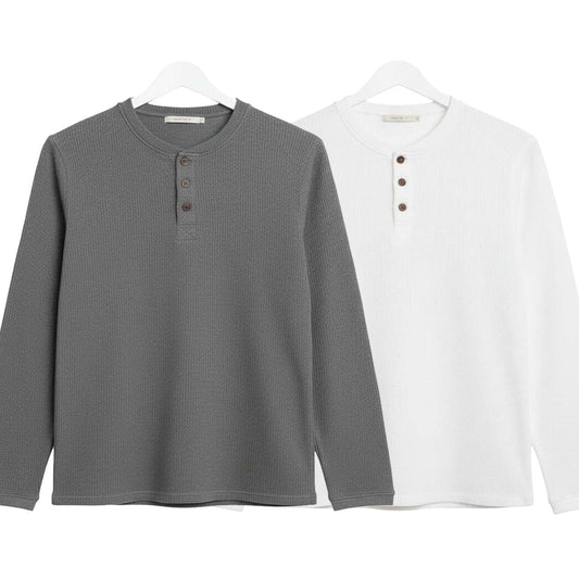Pack of 2 WAFFLE KNIT HENLEY T-Shirts ( Grey & white )